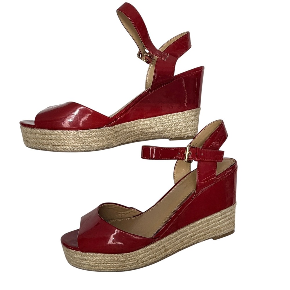 Lane Bryant Red Faux Patent Espadrille Wedge Sandals 9W‎ Ankle Strap Peep Toe